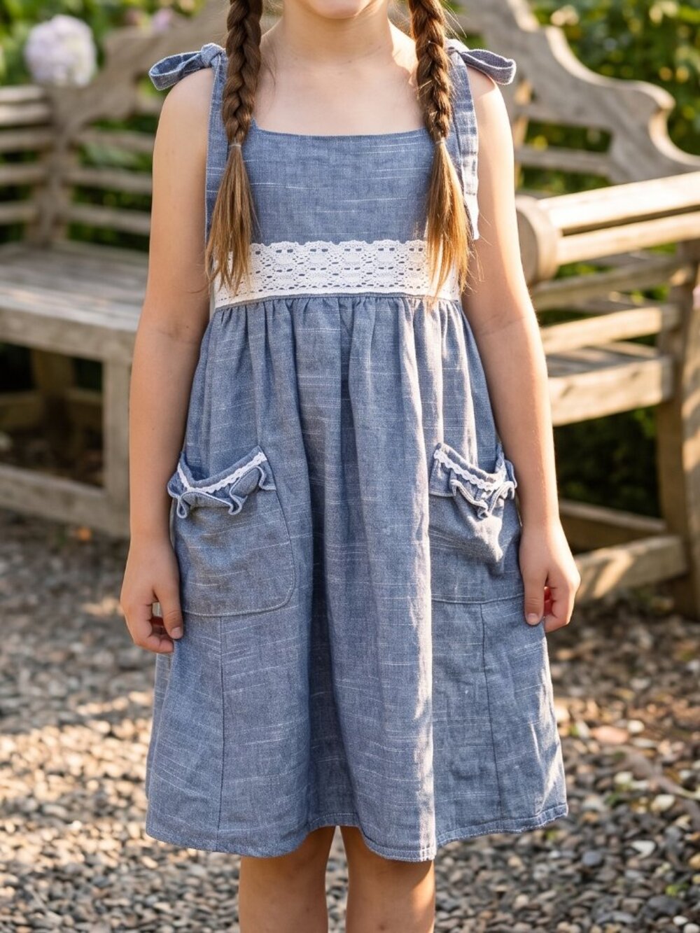 Oopsie Daisy Blue/Grey Chambray Lace Tie Strap Dress Girls Size 7